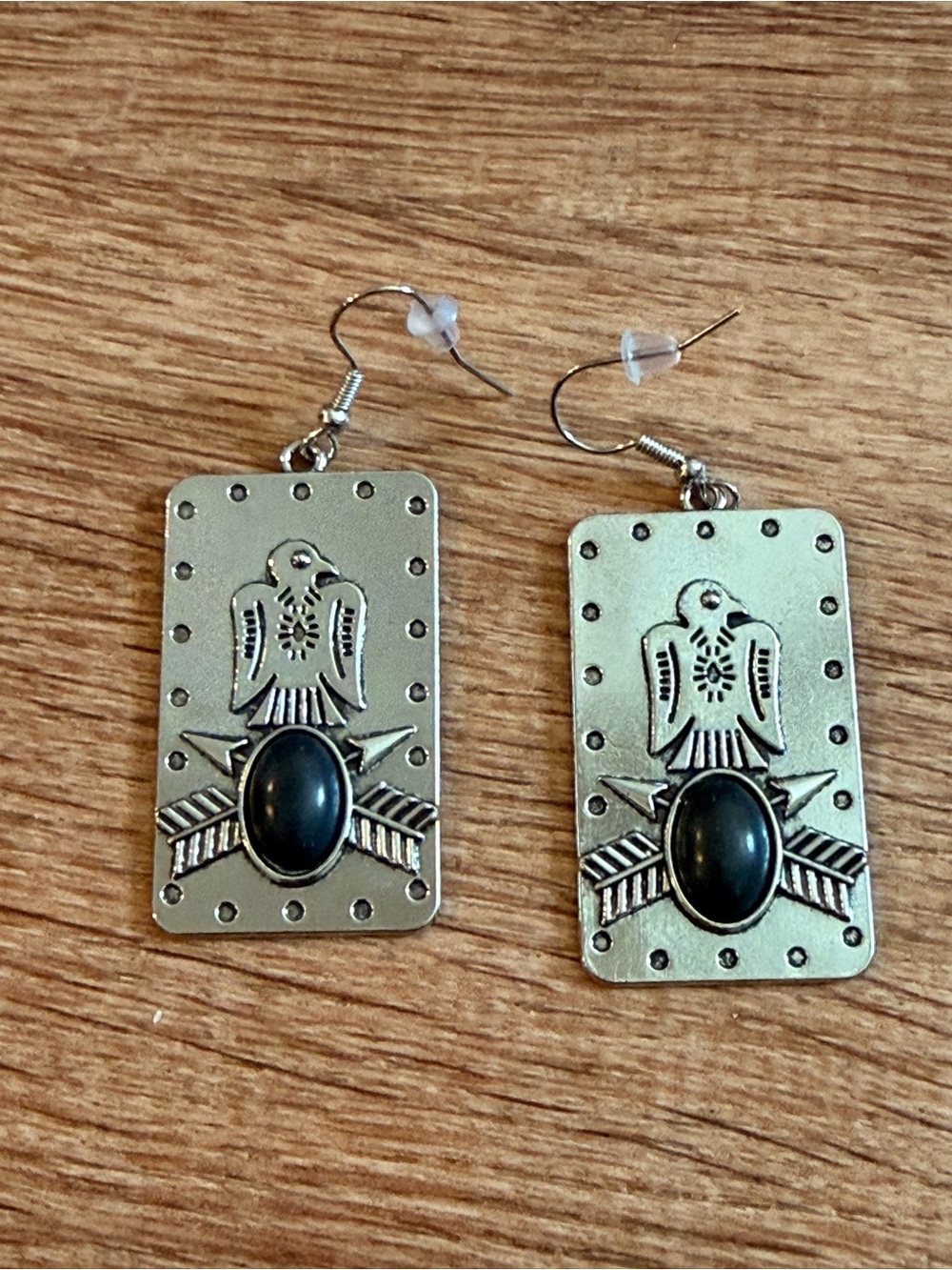Silver-Tone Southwestern Eagle Drop Earrings with Black Stone